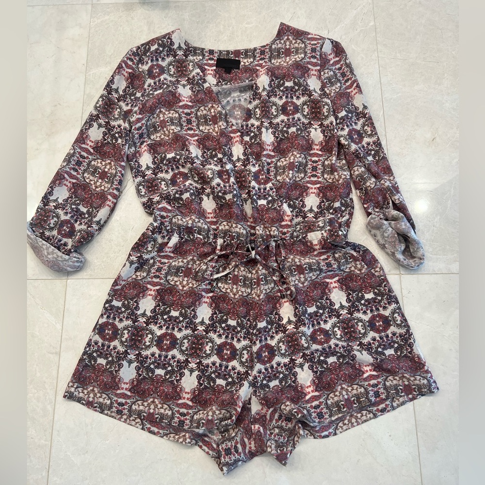 Intermix Silk Romper Paisley Tie Waist Pockets Wrap Top Size L Boho